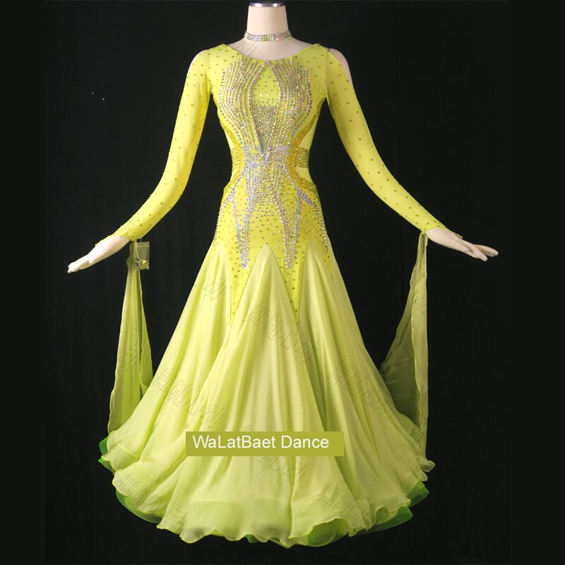 국제 표준 볼룸 댄스 드레스 새로운 노란색 시니 스톤 전문 경쟁 현대 왈츠 차차 드레스